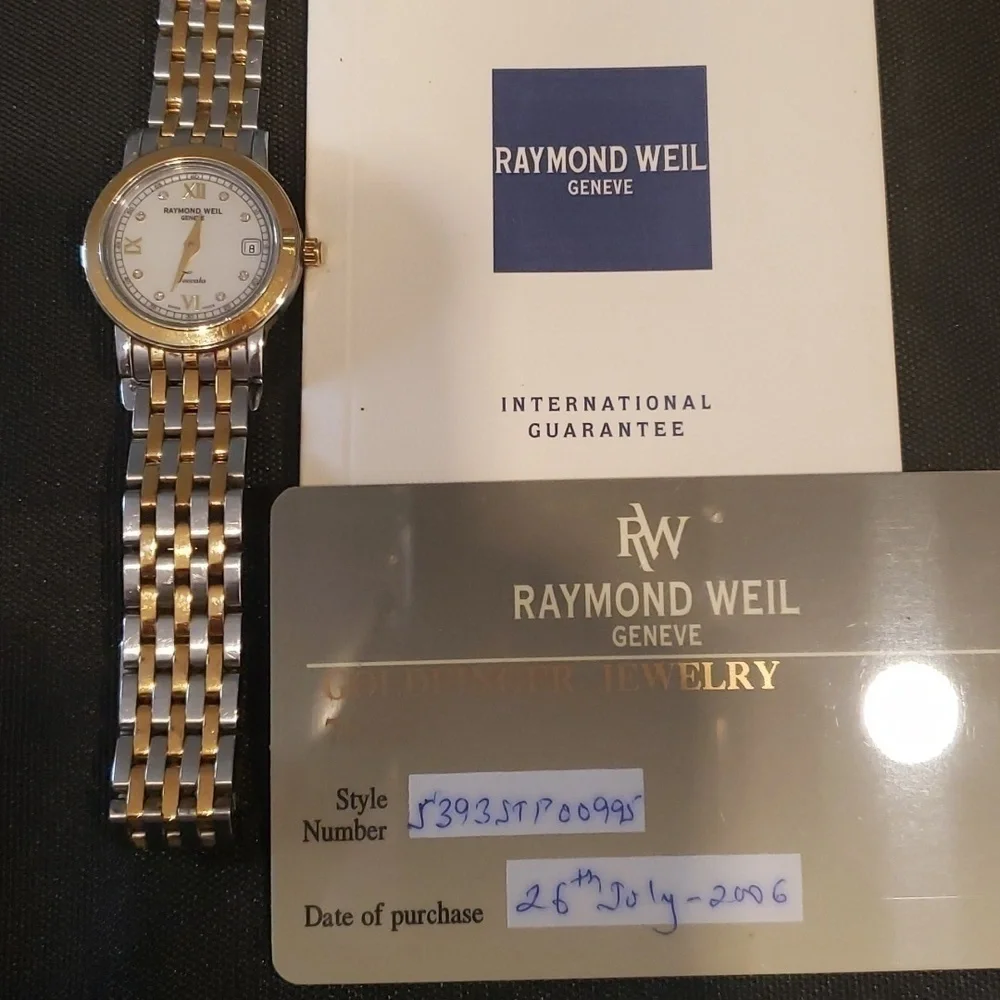 Raymond  Weil Toccata woman's watch with pearl face and Diamond accents.